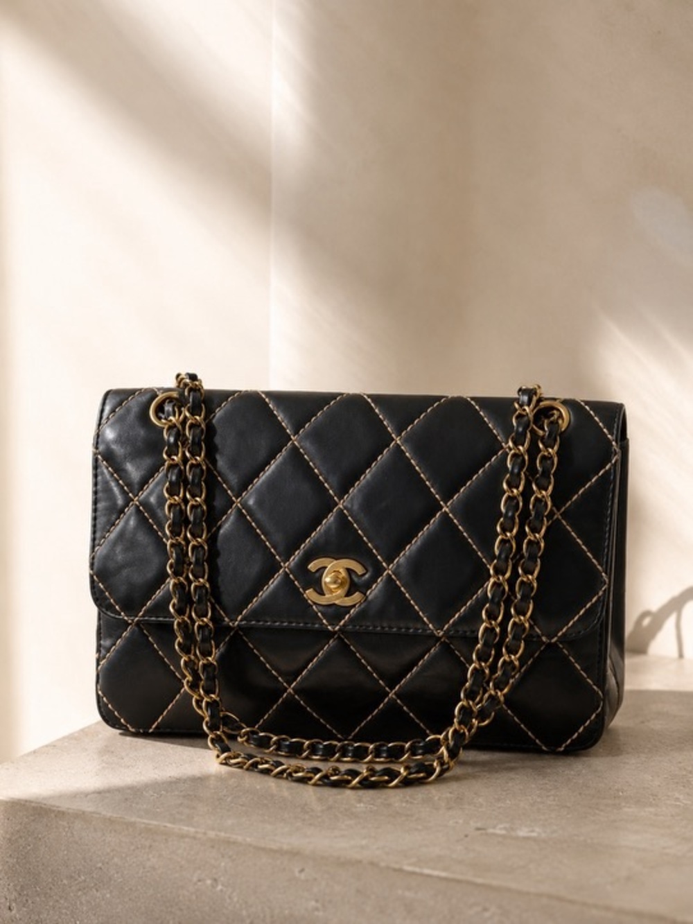 Vintage CHANEL Surpique Black Leather Contrast Stitch Flap Bag Gold Hardware